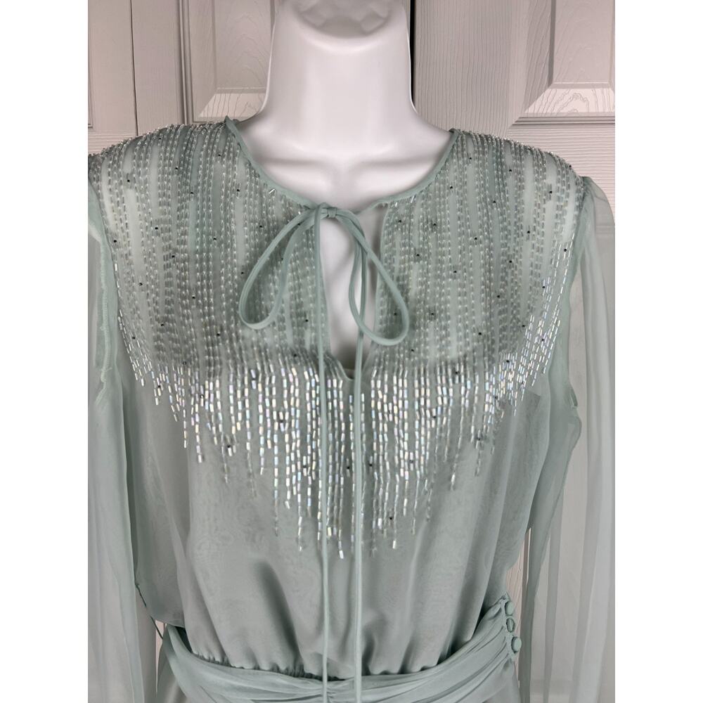 Vintage 70s Chiffon Beaded Maxi Dress Size‎ 4 Gray Green Ethereal - Picture 3 of 11